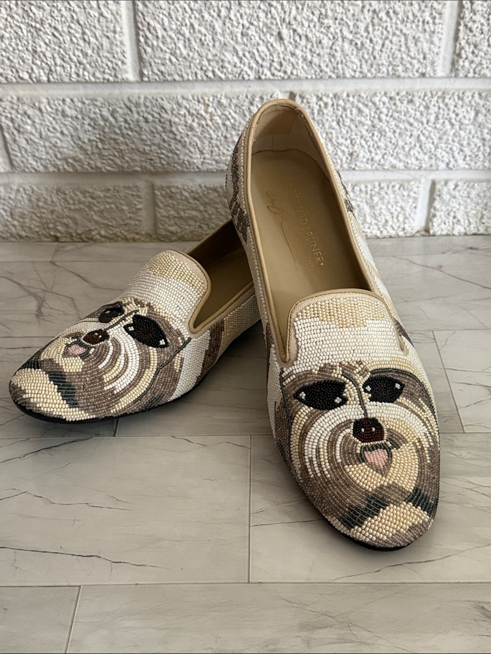 Donald J Pliner Beaded Dog Face Loafers in Beige and Tan